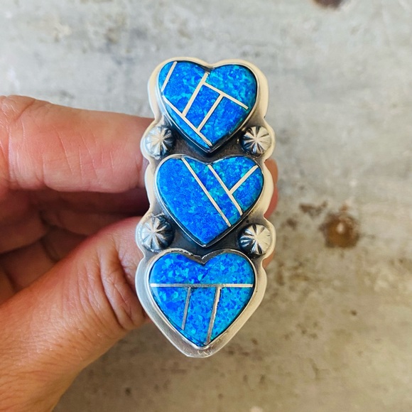 ♥️ Navajo ♥️ Signed Sterling Silver & Blue Lab Opal...